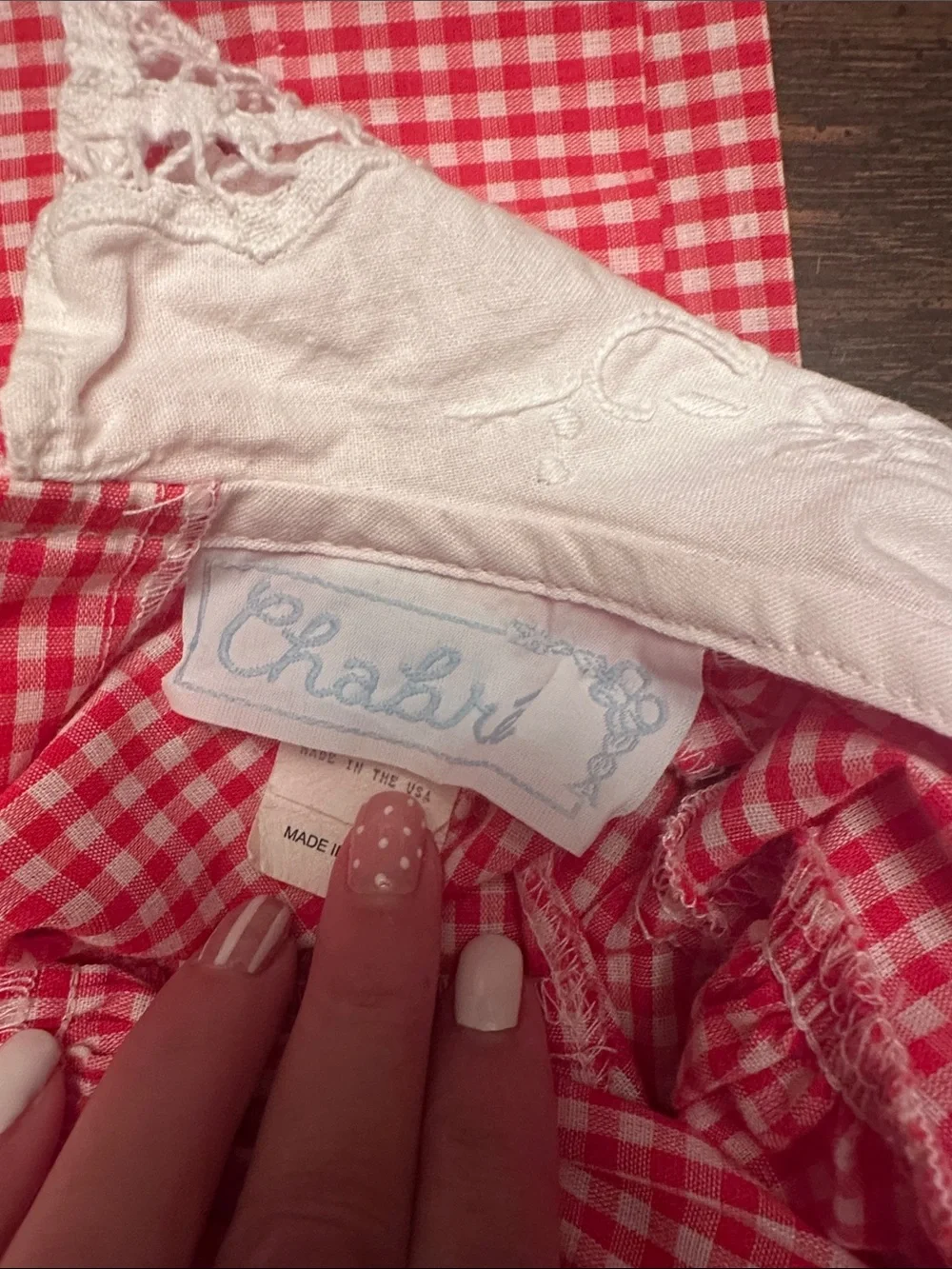 Girls red and white Gingham Long-Sleeve Dress with Lace Collar